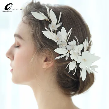

Bridal Handmade Jewelry Design White Leather Leaf Hairpin Silk Chiffon Flower Headdress Small Pearl Wedding Hair Accessories