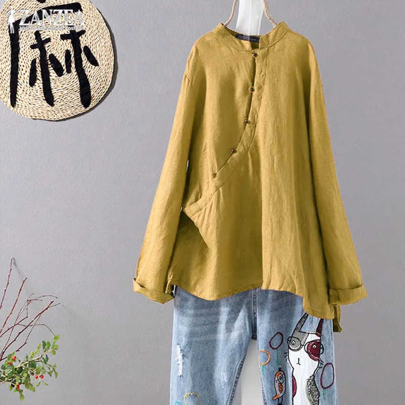 

Vintage Plate Button Blusas ZANZEA 2019 Women's Linen Blouse Autumn Long Sleeve Woman Shirts Female Tunic Tops Plus Size Tee 5XL