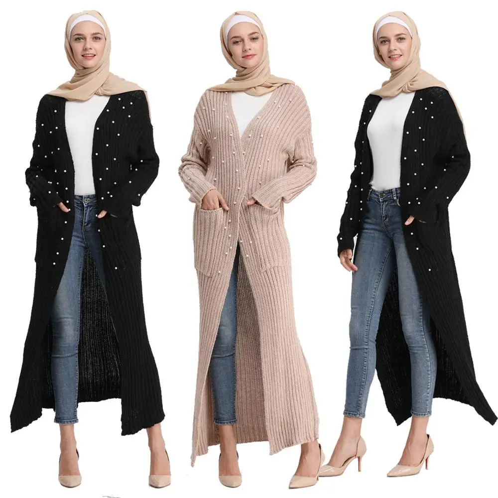 Muslim Women Knitting Gown Cardigan Sweater Pearls Maxi Robe Beading...
