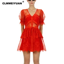 Летние новые женские Красные кружевные платья, элегантные вечерние мини платья с коротким рукавом, сексуальное прозрачное праздничное пляжное платье
