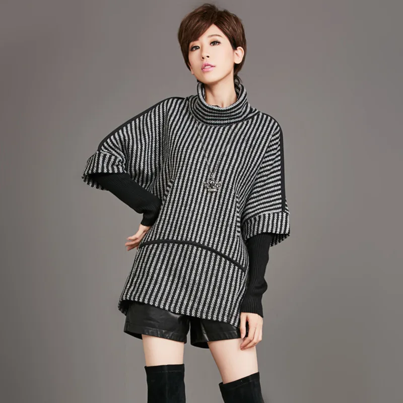 

#1471 Autumn Winter Striped Knitwear Split Joint Sweater Fake Two Piece Turtleneck Batwing Sleeve Women Sweaters And Pullovers