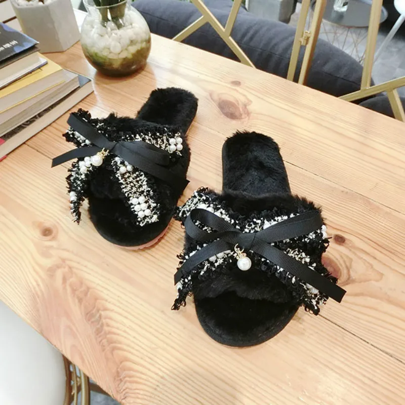 

Women Plush Home Slippers with Faux Fur Warm Shoes Woman Slip on Flats Cute Bowtie Female Slides