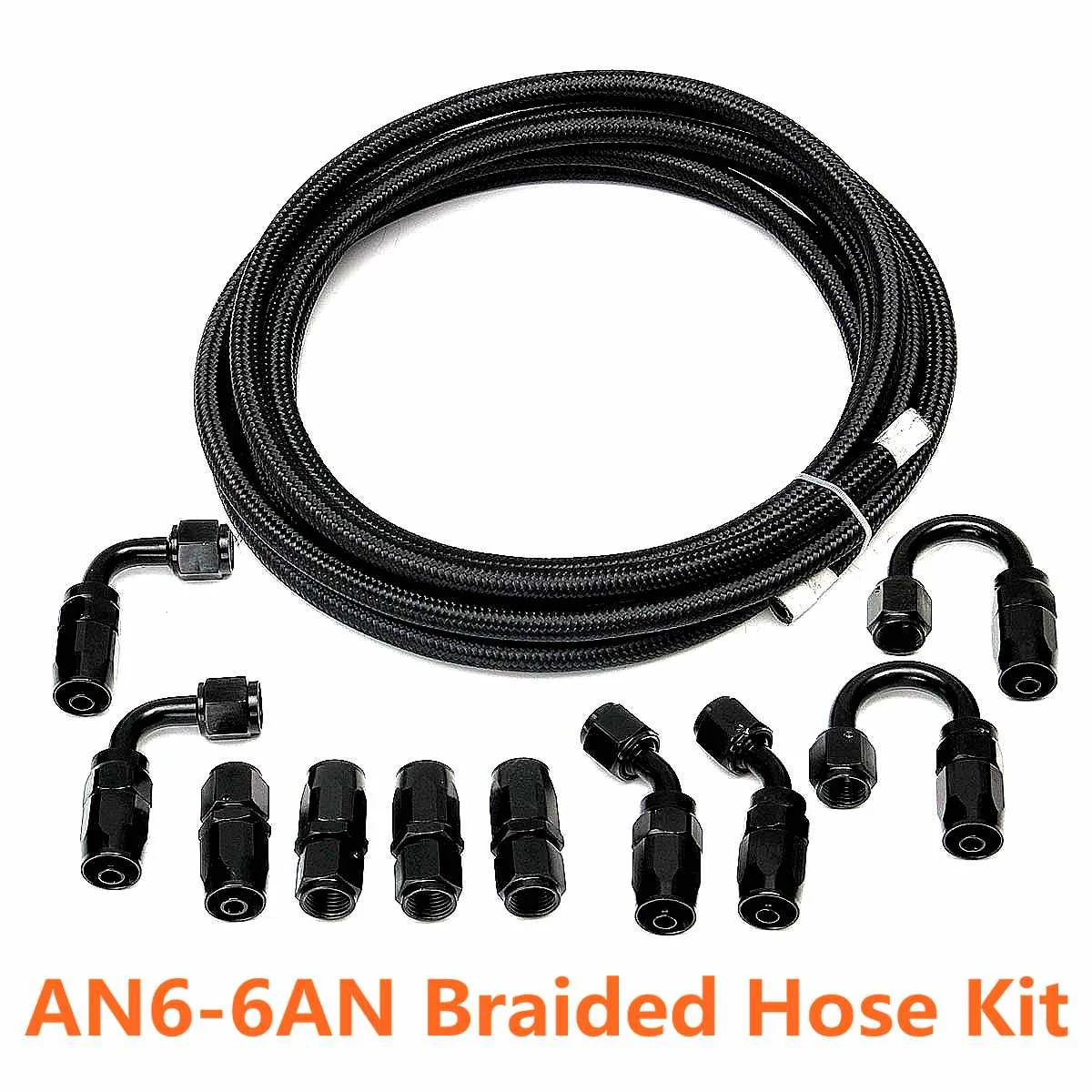 

11Pcs AN6 5Meter Durable Stainless Steel Braided Oil Fuel Hose Line Pipe Black Fittings Hose End Adaptor Oil Fuel Adapter