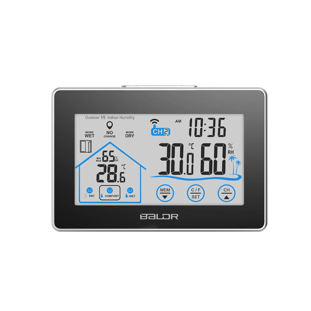 

Digital LCD Thermometer Hygrometer Wireless Indoor Outdoor Clock Temperature Humidity Measurement Level Indictor Touch Button