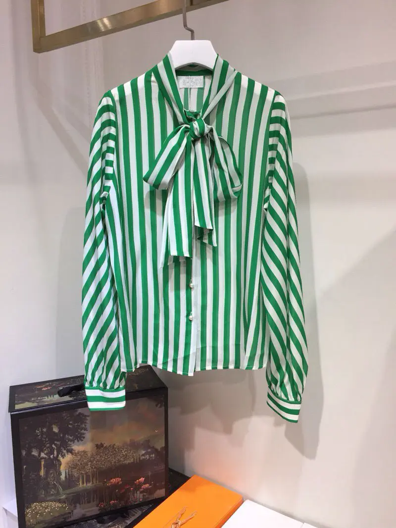 2019 new 100% silk striped lantern sleeve bow collar shirt 1 colour 3 sizes women Spring clothes | Женская одежда