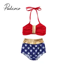 Новинка года, От 1 до 6 лет пляжная одежда для маленьких девочек, комплекты бикини купальный костюм, бюстгальтер топ+ шорты с высокой талией и звездами купальный костюм из 2 предметов, пляжная одежда