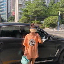 Оранжевая розовая длинная футболка Женская Повседневная футболка с коротким рукавом с мультяшным принтом женская футболка большого размера свободная негабаритная длинная футболка