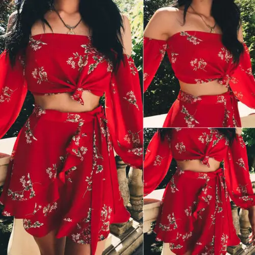 

2019 Women 2 Pcs Bodycon Crop Top and Skirt Set Long Sleeve Floral Dress Party Casual