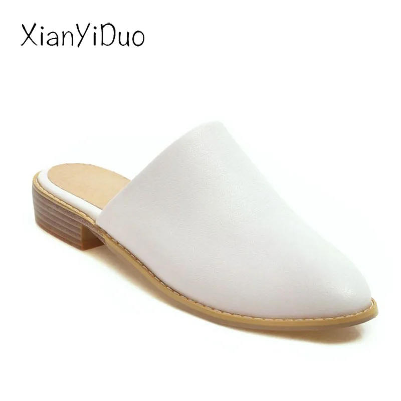 

XianYiDuo 2019 new Summer Women's Shoes Slippers low heel Closed toe plus size 40-48 solid shallow White outside slides / 8-2
