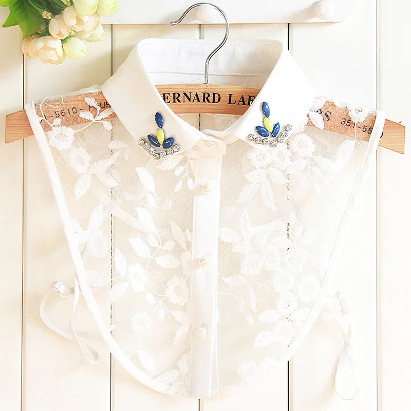 Lace Dickie Shirt Rhinestone Lead Flower Pure Cotton Detachable Collar Removable Decoration Necklaces Women Blouse Drop Shipping |