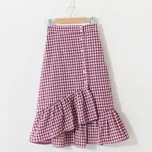 Милые летние юбки в стиле ретро Элегантные повседневные элегантные офисные женские пляжные мужские шаровары в клектку в Корейском стиле с оборками на пуговицах Женская модная винтажная юбка