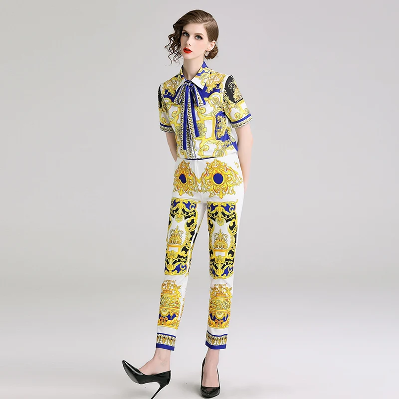 Banulin Fashion Runway Summer Pants Two Pieces Set Women's Short Sleeve Bow shirt + Casual Floral Print Pants Sets Suits B6208