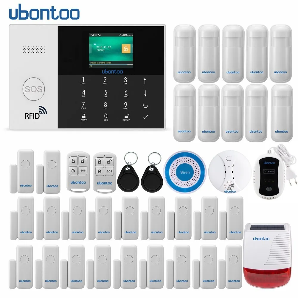 ubontoo Wireless Burglar Sensor Home Security WIFI RFID SIM GSM Alarm System IOS Android APP Control LCD Touch Keyboard