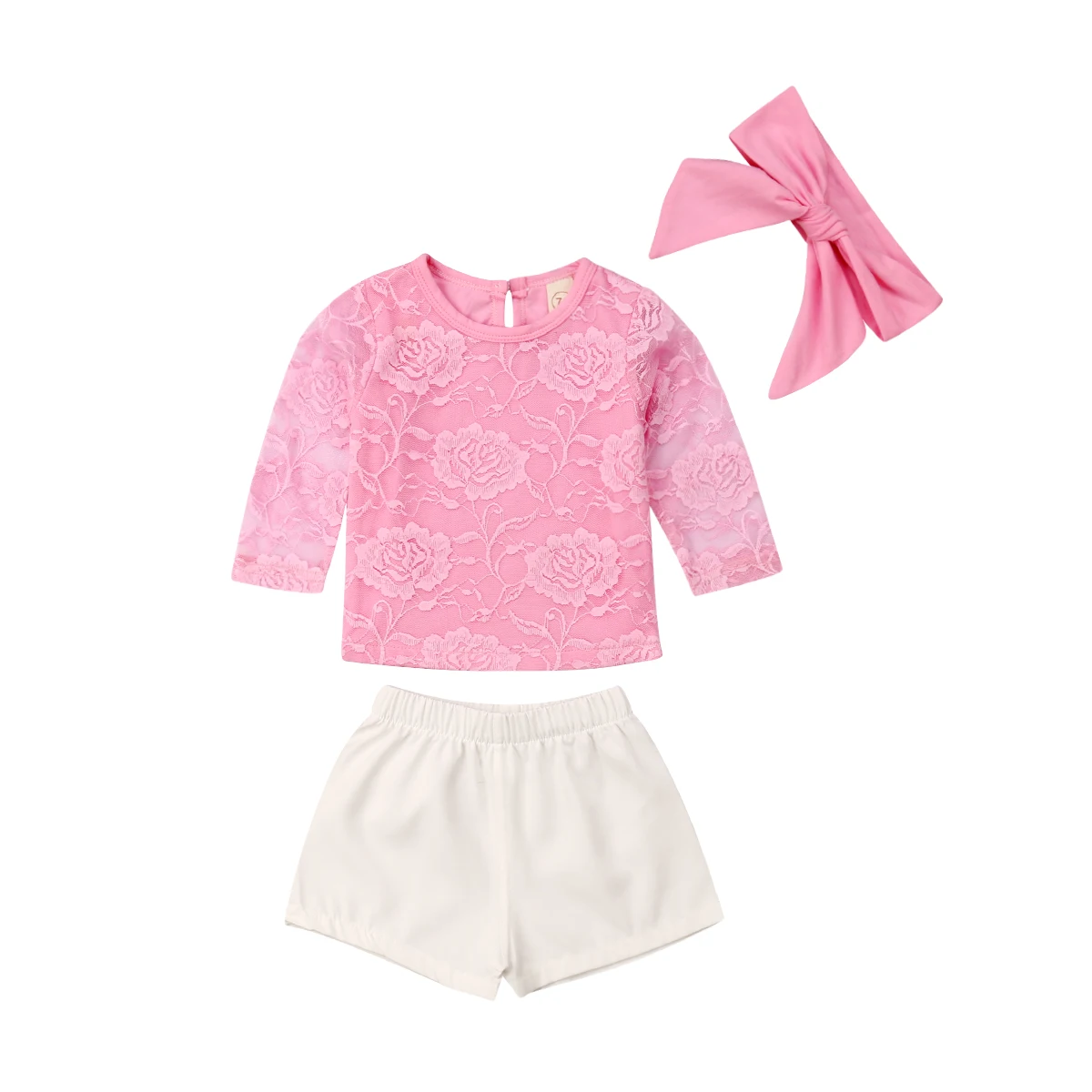 

0-24M Cute Newborn Baby Girl Long Sleeve Lace T-shirt Tops White Shorts Pant Headband 3PCS Baby Clothing Set