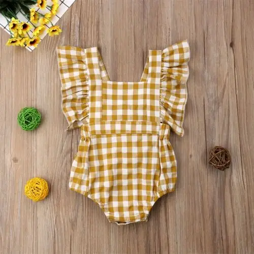 Желтый Клетчатый комбинезон для новорожденных, Летний комбинезон для маленьких девочек, Цельный купальник без спины