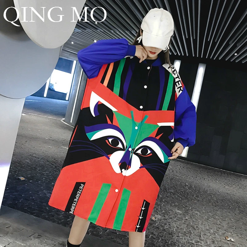 QING MO 2018 осенние женские цветные блузки с рисунком енота размера плюс одежда