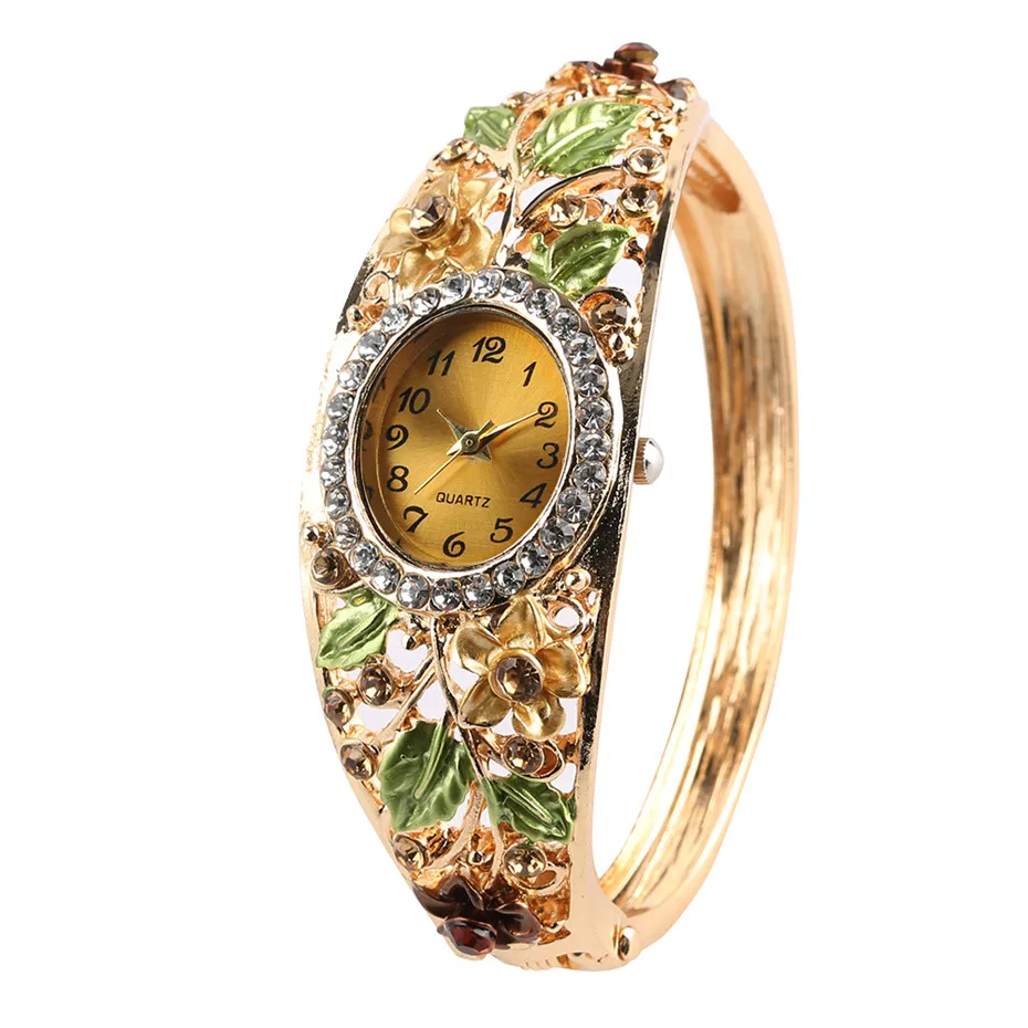 

Elegant Womens Watch Quartz Steel Bangle Wrist Watches Fashion Flowers Rhinestone Oval Display Bracelet Watch Gifts for Lady