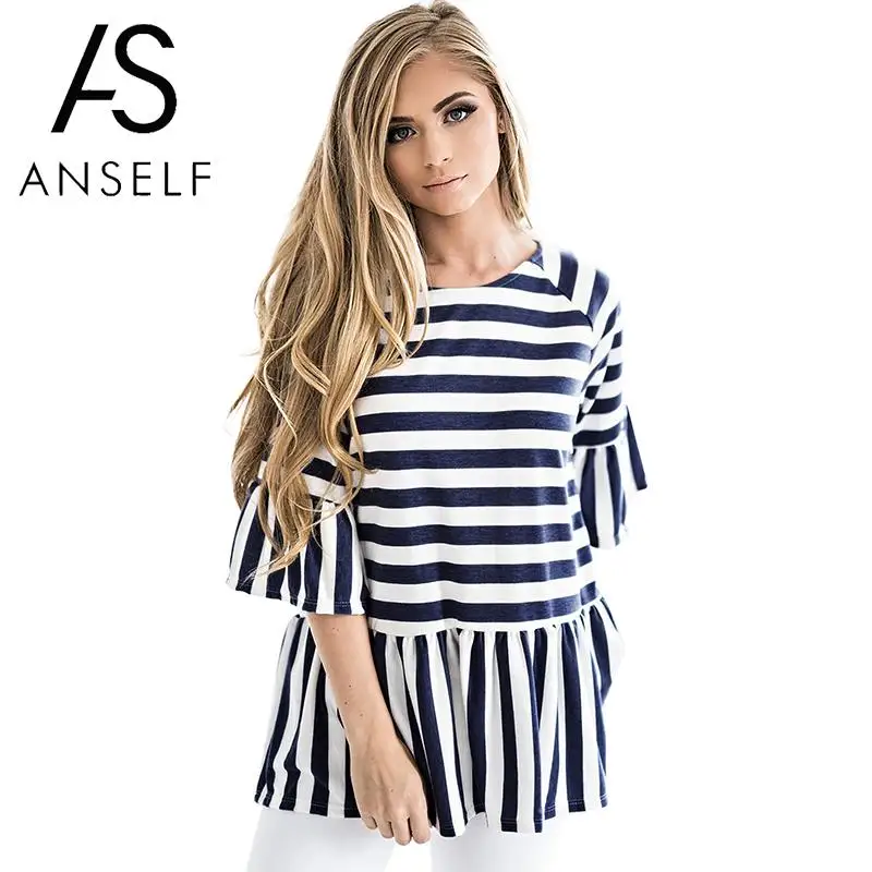 

Autumn Sexy Women Baggy Striped Print Blouse O-Neck 3/4 Flare Sleeve Loose Peplum Top Pullover Ladies Casual Plus Size Shirt