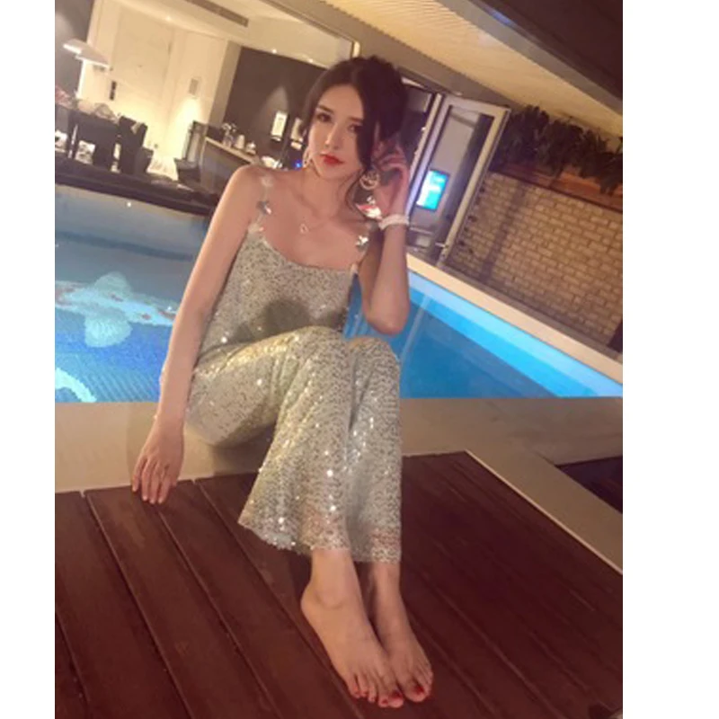Doux Gilet Slash 2019 Sexy Qualité Pantalon Nouvelle Bleu Cou Pour Fleur Vêtements D'été Supérieure Paillette Femmes Combinaison 5751qw0fnx