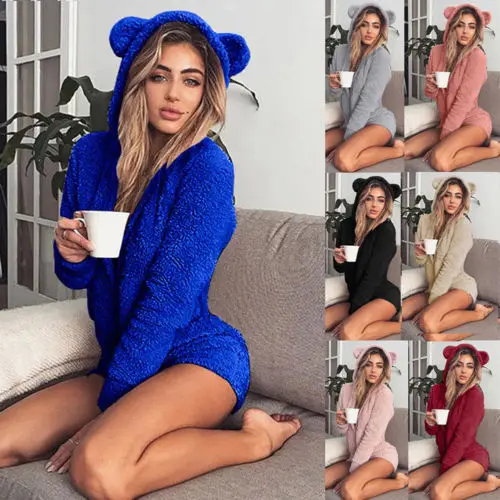 

Womens Winter Warm Soft Fluffy Fleece Hooded Romper
