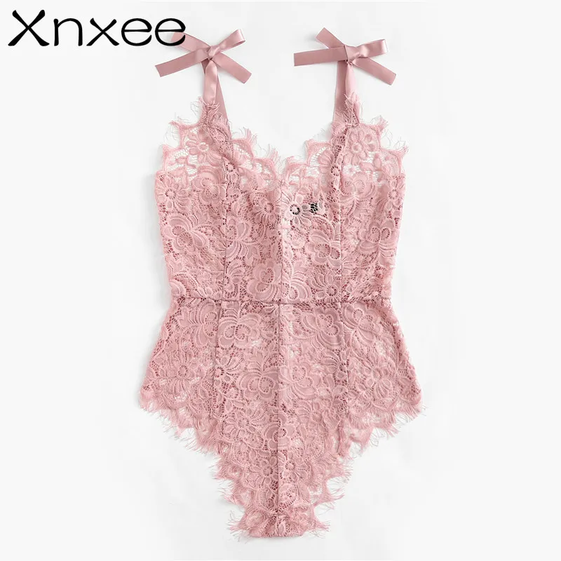 

Xnxee Ribbon Tie Shoulder See Though Floral Lace Bodysuit Ladies Sexy Bodysuit Sleeveless V Neck Cute Bodysuit Xnxee