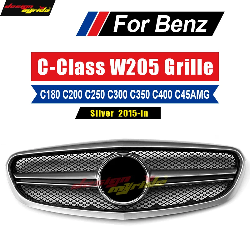 

For Mercedes-Benz W205 Grille ABS Silver AMG-style C180 C200 C250 C300 C350 C400 Natural Style-Bumper Grille Natural car 2015-in