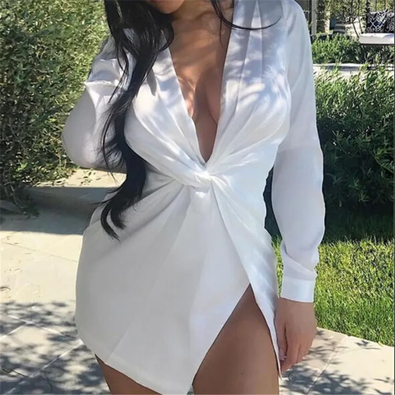 

Trendy Sexy Women dress Deep V-neck casual slim Party Long Sleeve solid Satin Mini Dresses one pieces