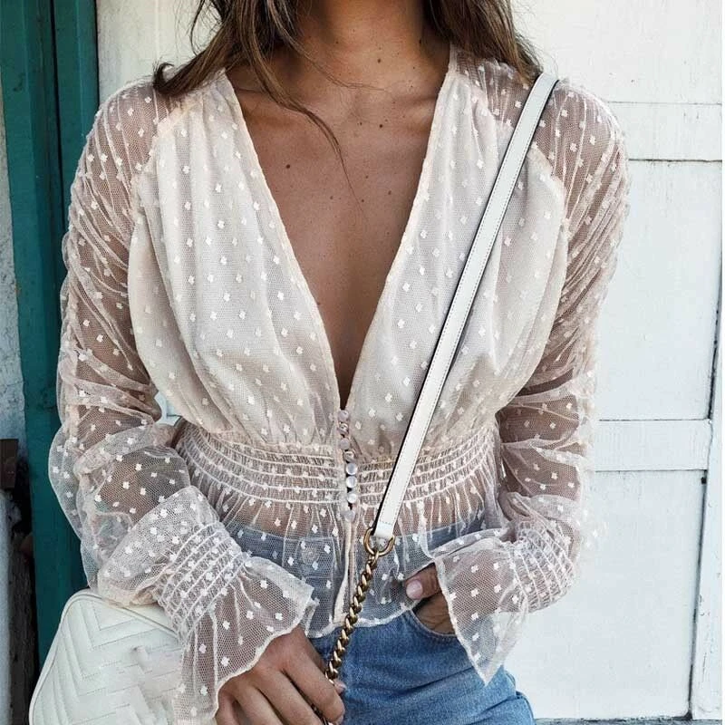 

New Fashion Women Sexy Slim Mesh Sheer Tops T-shirt Ladies Fashion Long Sleeve Deep V Neck Blouse