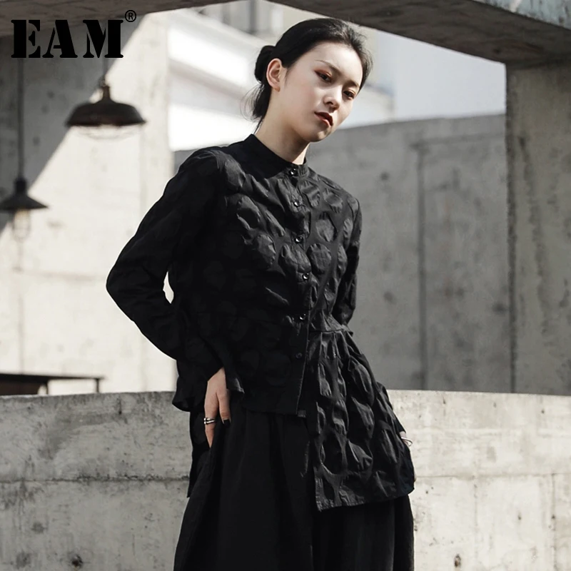 

[EAM] 2019 New Autumn Winter Lapel Long Sleeve Black Dot Three-dimensional Irregular Hem Loose Shirt Women Blouse Fashion JR394