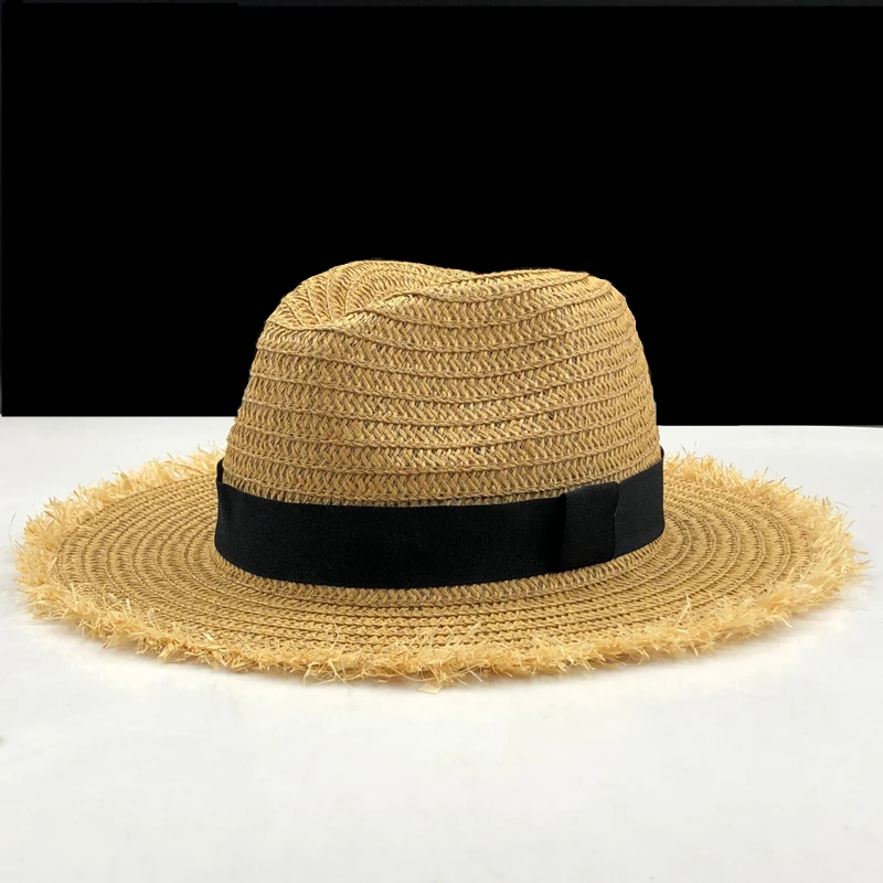 

Women Natural Wide Brim Burr Raffia Straw Hats Fringe Women Plain Large Beach Summer Sun Caps Big Straw Cap chapeau 55-58cm
