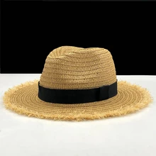 女性ナチュラルワイドつばバリラフィアわら帽子フリンジ女性無地大ビーチ夏の太陽キャップわらキャップ55-58センチメートル