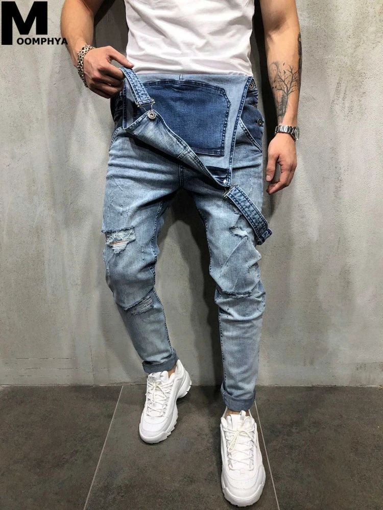 Moomphya 2019 rasgados agujeros denim monos hombres jeans Sreetwear hip hop tirantes pantalones jeans hombres tirantes cargo pantalones jean homme| Pantalones vaqueros| AliExpress