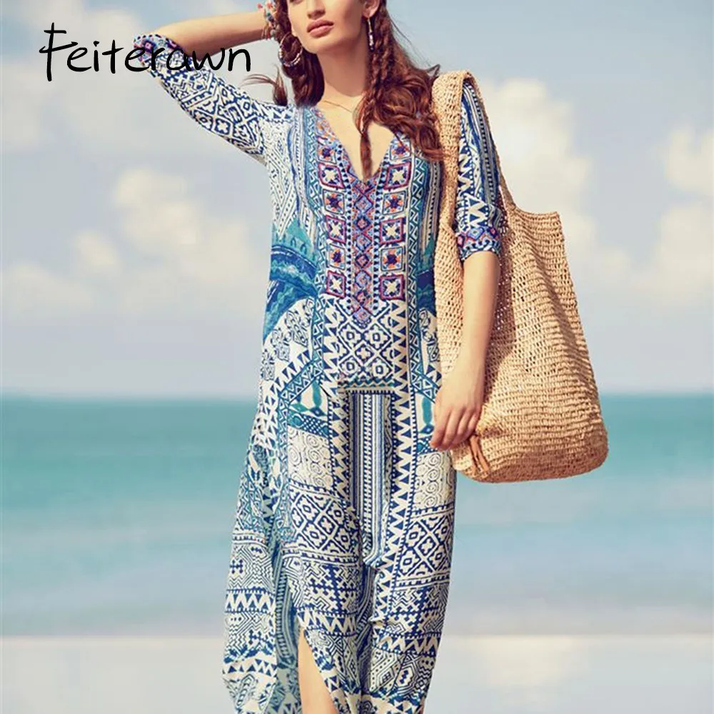 Feiterawn район печатных Половина рукава пляжное платье Sexy V образным вырезом Boho