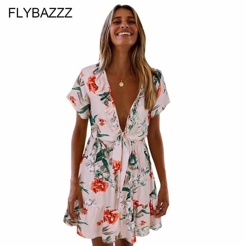 

Women Boho Ruffle Floral Mini Dress Summer Bow Tie Beach Dress Short Sleeve V neck Evening Party bohemian Beach Dress 2019 Style