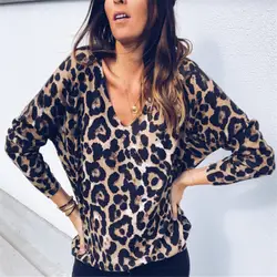 2018 модные женские платья женские леопардовые с v-образным вырезом Элегантные Топы Bodycon глубоким вырезом Блузка с длинными рукавами