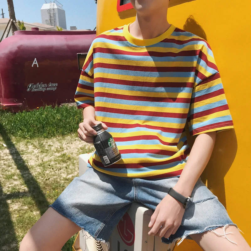 2019 Summer Men's Fashion Trend Stripe Printing Male Black/red/yellow/blue Color Men Cotton Clothing T-shirts Plus Size tshirt