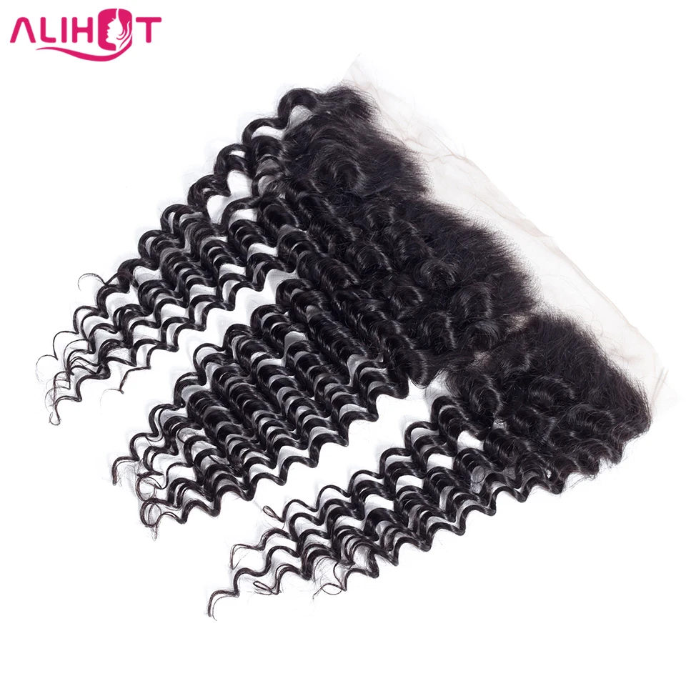 Ali Hot Brazilian Deep Wave Lace Frontal Closure 10-20 Inch Free Part Non-Remy Human Hair 13x4 Ear To Ear Closure