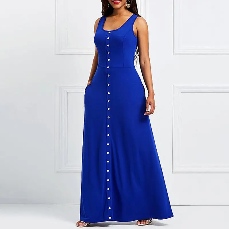 

Summer Elegant Long Women Dresses Casual Office Lady Party Beach Sexy Club Blue Aline Zipper Button Plain Female Fashion Dress