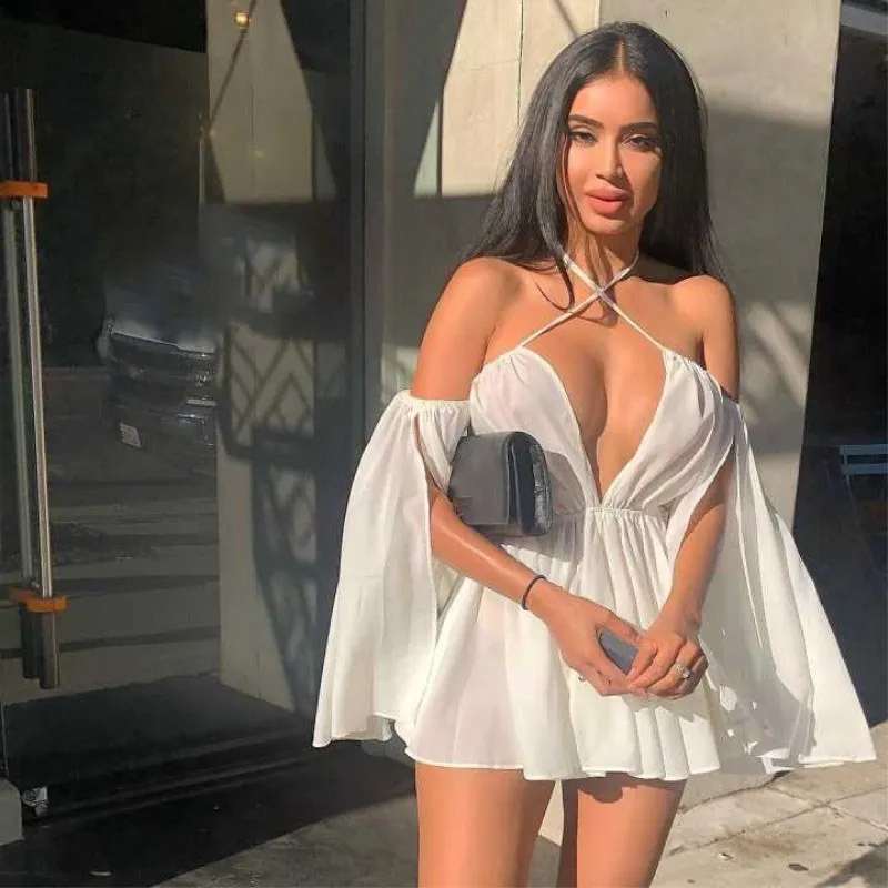 

Sexy Off Shoulder Deep V-Neck Beach Junmpsuit Women High Waist Jumpsuit Rompers White Backless Playsuit Overalls