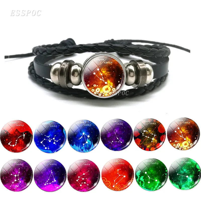 

NEW 12 Constellation Handmade Leather Bracelets for Women Men Weave Multilayer Punk Zodiac Sign Couple Charms Bracelet Jewelry