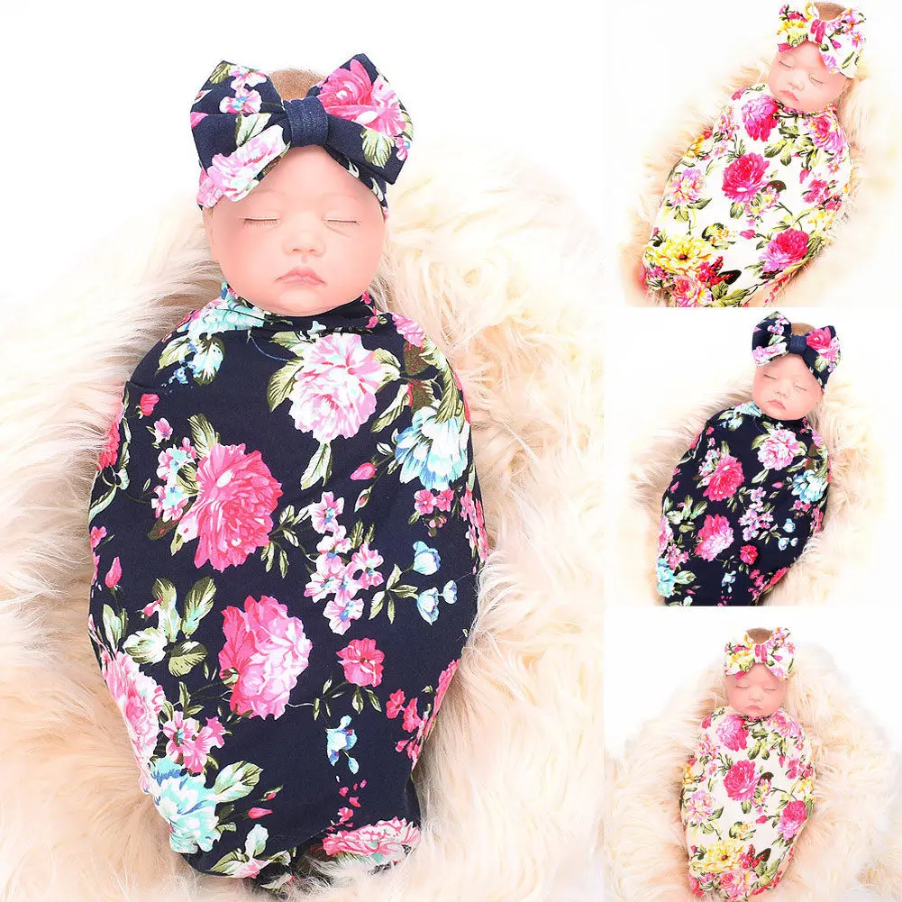 Pudcoco Newborn Baby Girl Receiving Swaddle Blanket Set Headband Bow Flowers Floral Cute