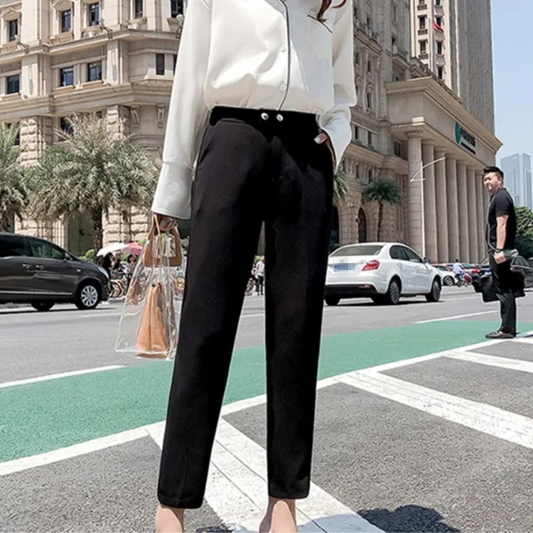 

Hot Sale Spring Autumn Black/Beige Harem Pants Solid Female Button High Waist Slim Long Bottom