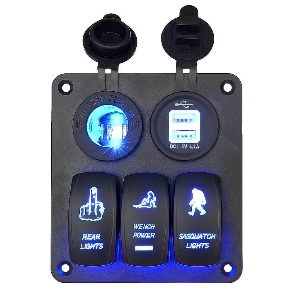 

FUNN-12V Cigarette Socket Double USB Power Charger Adapter Flush Mount Waterproof 3 Gang Rocker Switch Panel for RV Car Boat