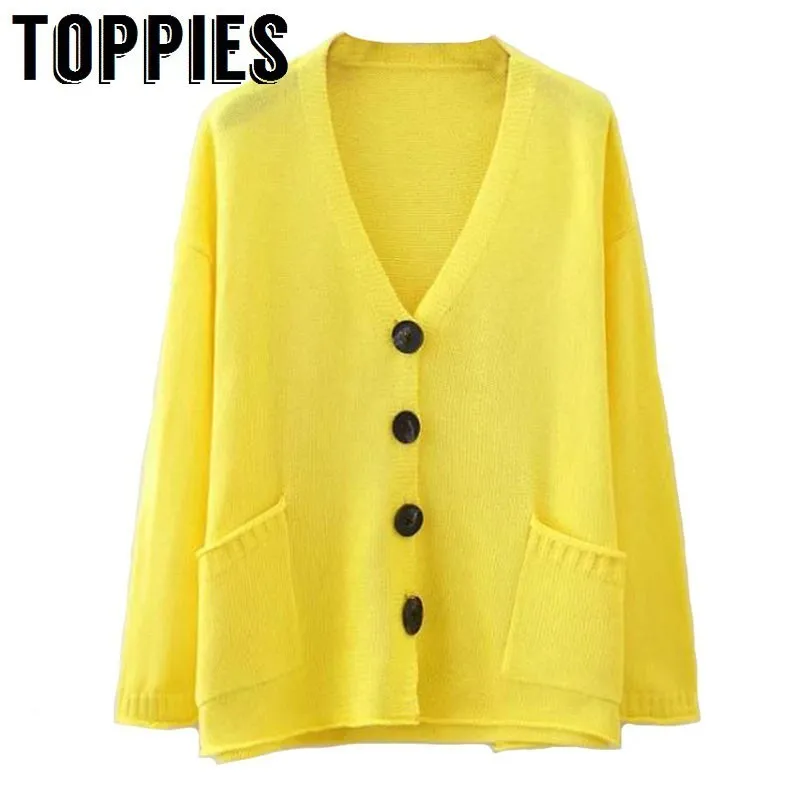 

2019 Spring Thin Knitting Cardigan Sweaters Yellow Single Breasted Cardigans Summer Women Loose V Neck Tops