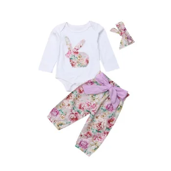 

0-18M 2019 New Born Kid Baby Boy Girl Outfit Clothes Set Cartoon Cute Rabbit Jumpsuit Bodysuit+Pants Hairband Summer Girls Suits