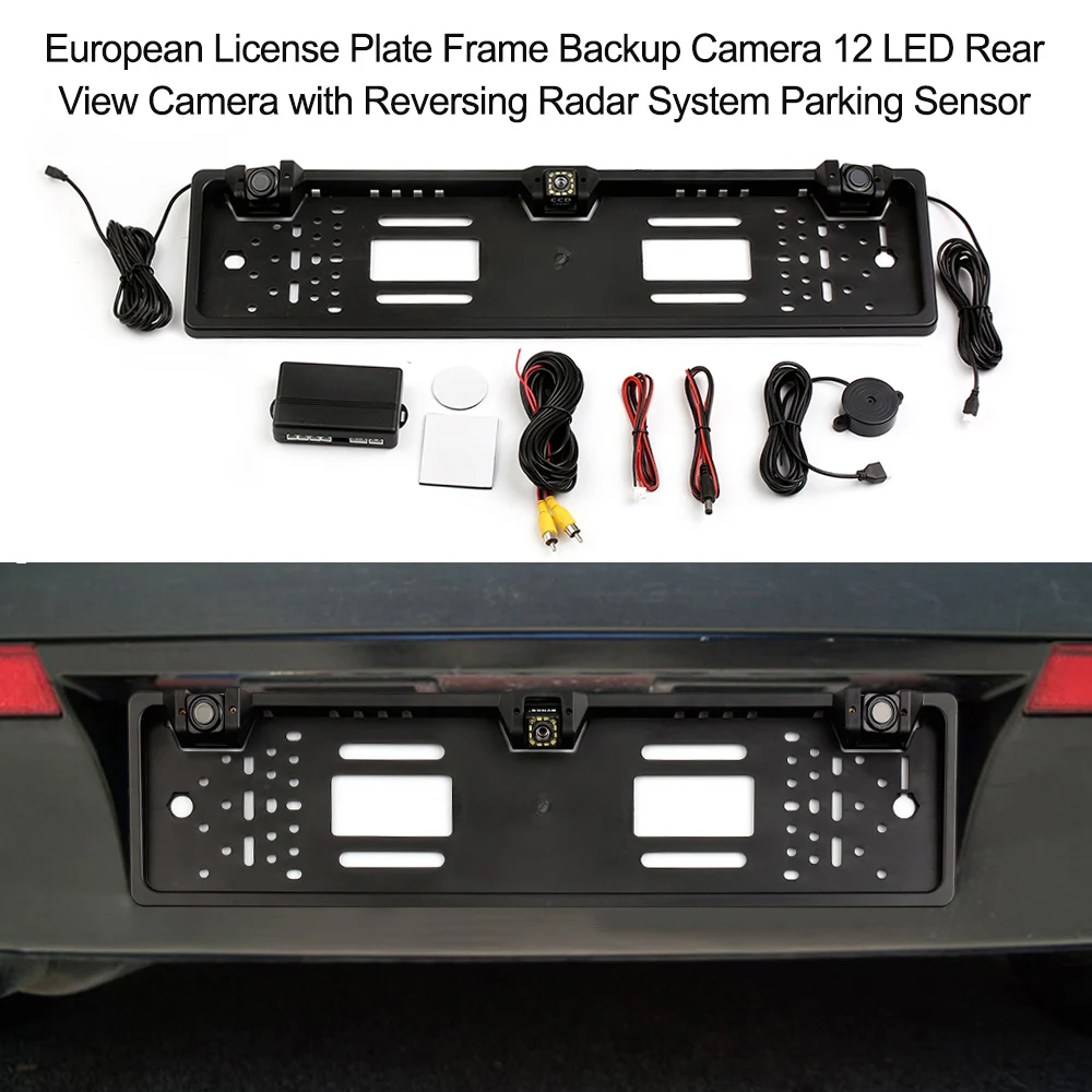 

European License Plate Frame Backup Camera 8 LED/12 LED Rear View Camera with Reversing Radar System Parking Sensor
