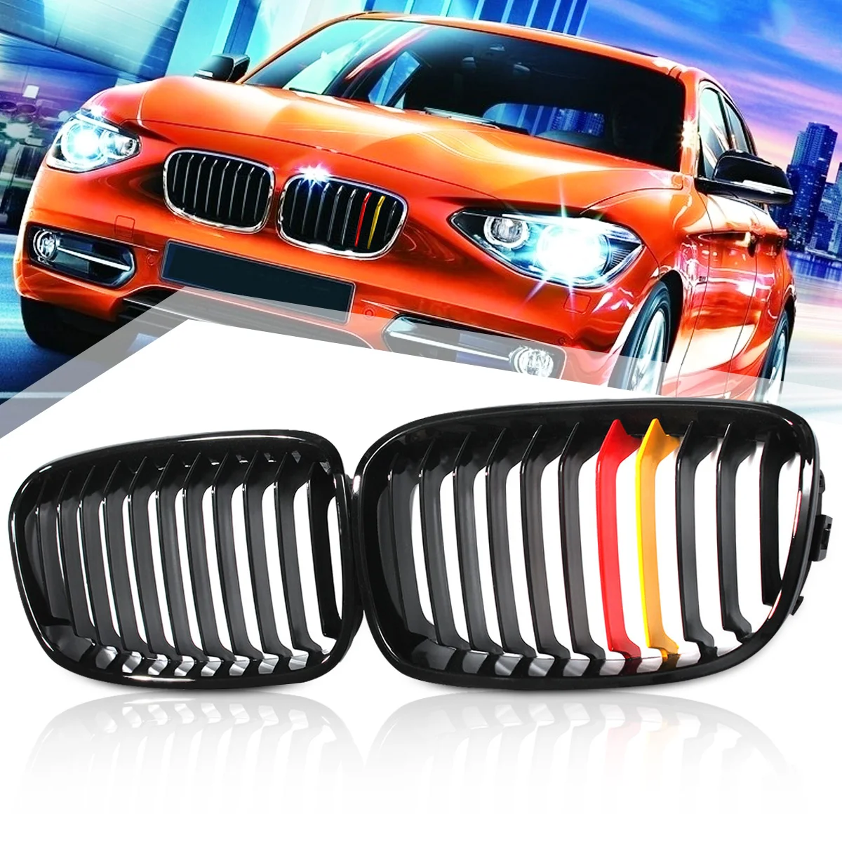 

Pair Shiny Gloss/Matte Black Front Grille Double Slat For BMW F20 1 Series 2010-2014 Car Racing Grills