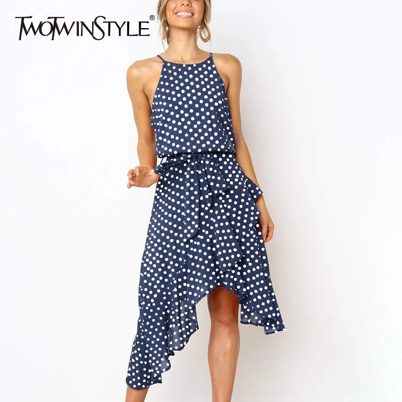 

TWOTWINSTYLE Polka Dot Asymmetrical Women Dress Halter Sleeveless High Wasit Irregular Midi Dresses Female Streetwear Spring New