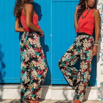 

Wide Leg Pants Women Gypsy Trousers Beach Floral Print Pant Elastic Waist Fitness Loose Baggy Harem Pants Femme Lot