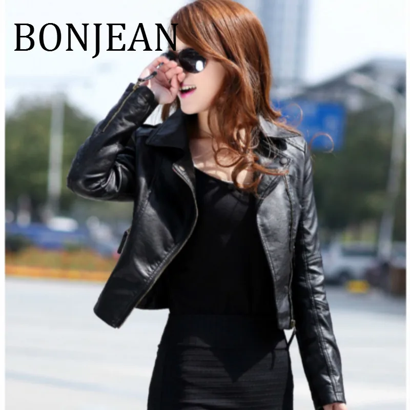 Женская куртка BONJEAN черная облегающая с длинным рукавом из искусственной кожи